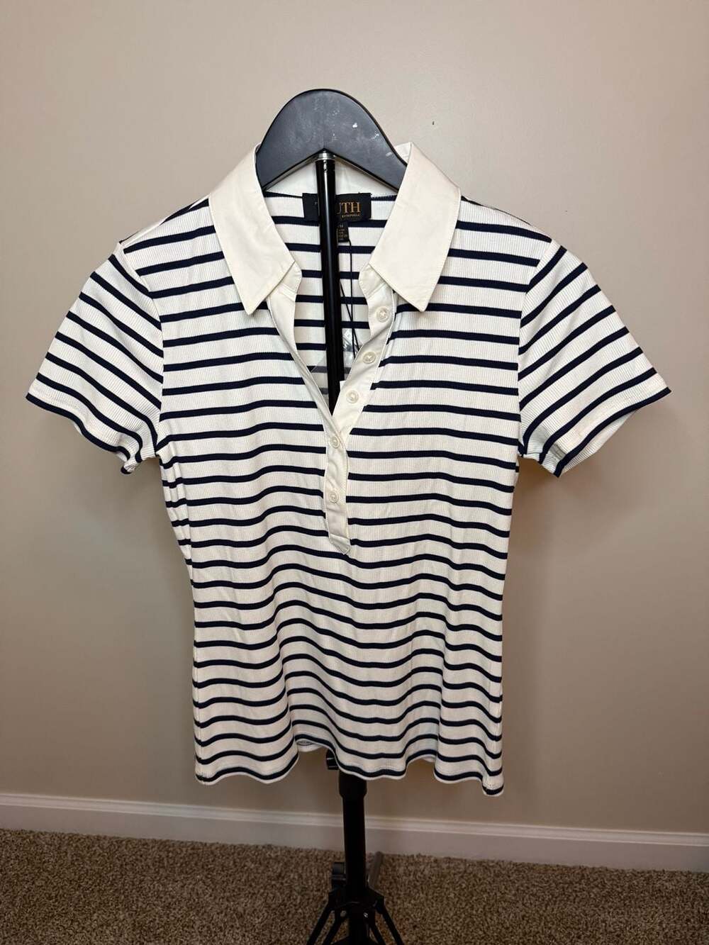 Truth by Republic Navy Striped Ribbed Polo Shirt Size M